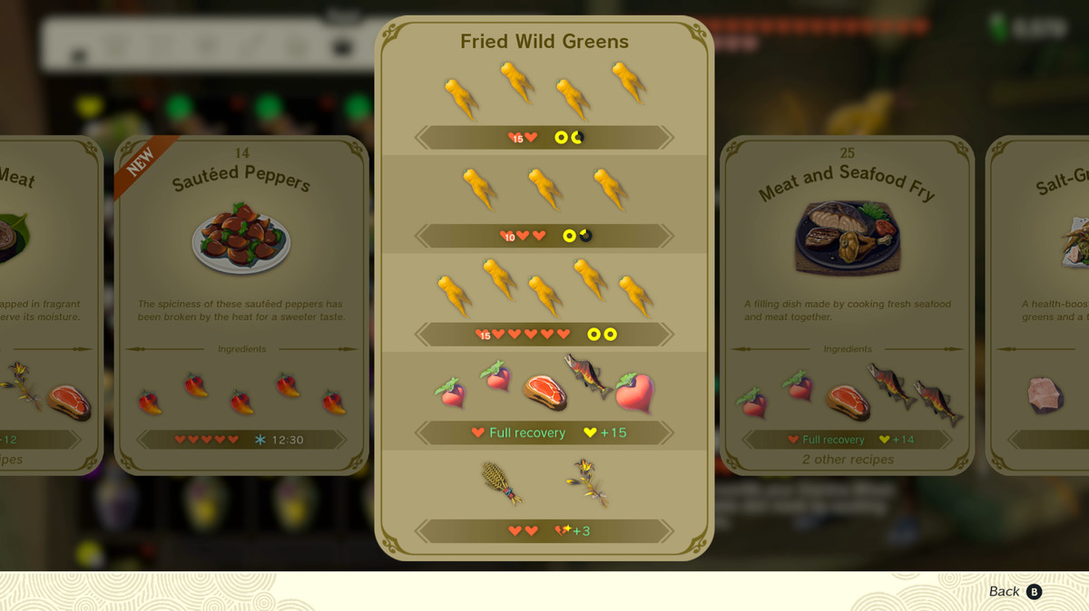 A recipe screen in Tears of the Kingdom showing various recipes to get fried wild greens. Notably, there’s several recipes with varying amounts of endura carrots.