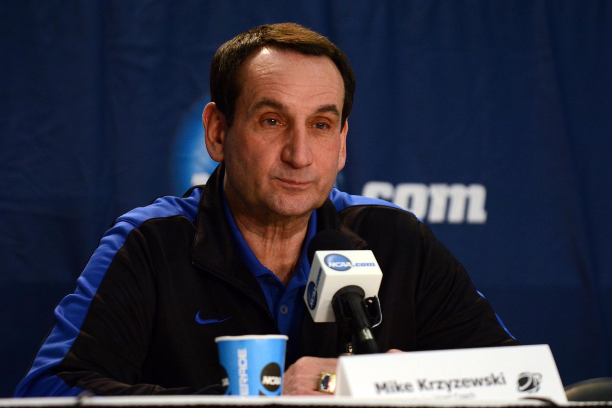 Mar 20, 2014; Raleigh, NC, USA; Duke Blue Devils head coach Mike Krzyzewski speaks during a press conference during practice before the second round of the 2014 NCAA Tournament at PNC Arena.