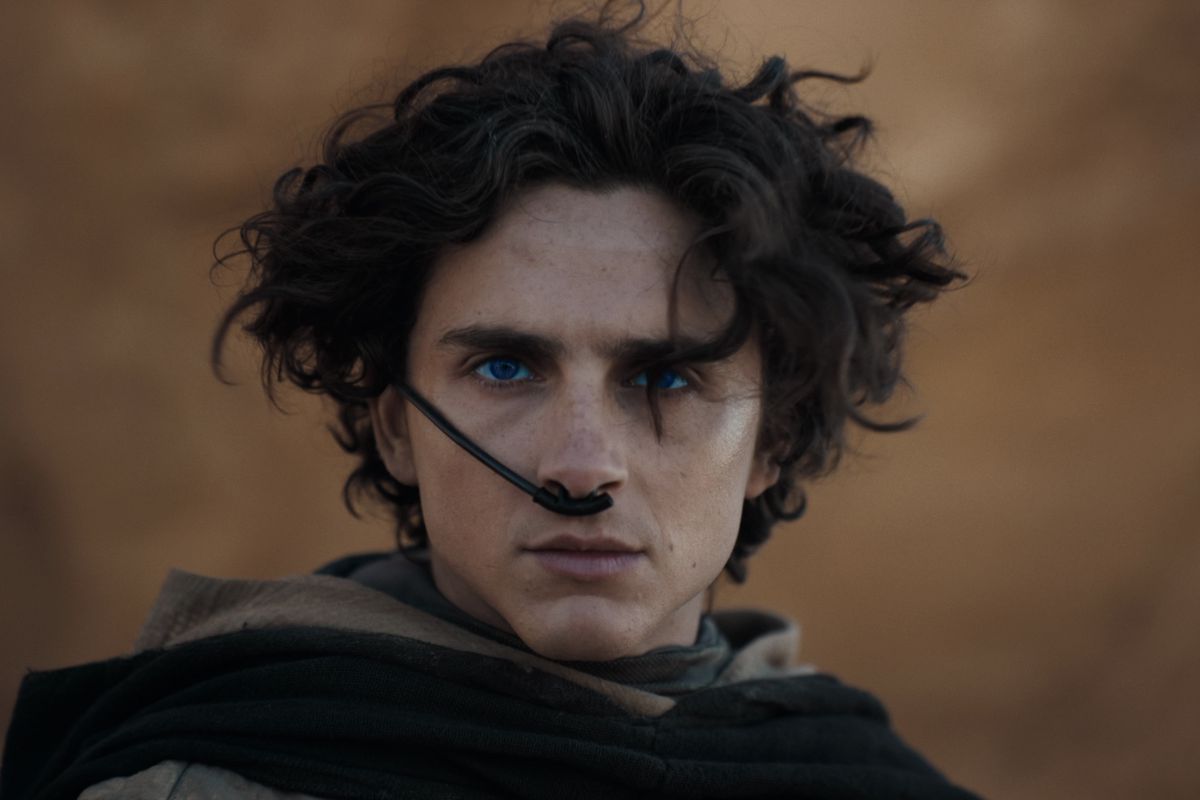 Timothée Chalamet as Paul Atreides in Dune: Part Two wearing a Freman stillsuit and staring at the camera with his glowing blue eyes