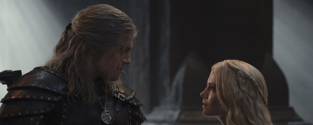 Geralt and Ciri looking at each other in a still from The Witcher season 2