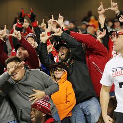 Utah fans celebrate as the Utes and the Hoosiers play in the Foster Farms Bowl in Santa Clara, California, on Wednesday, Dec. 28, 2016.