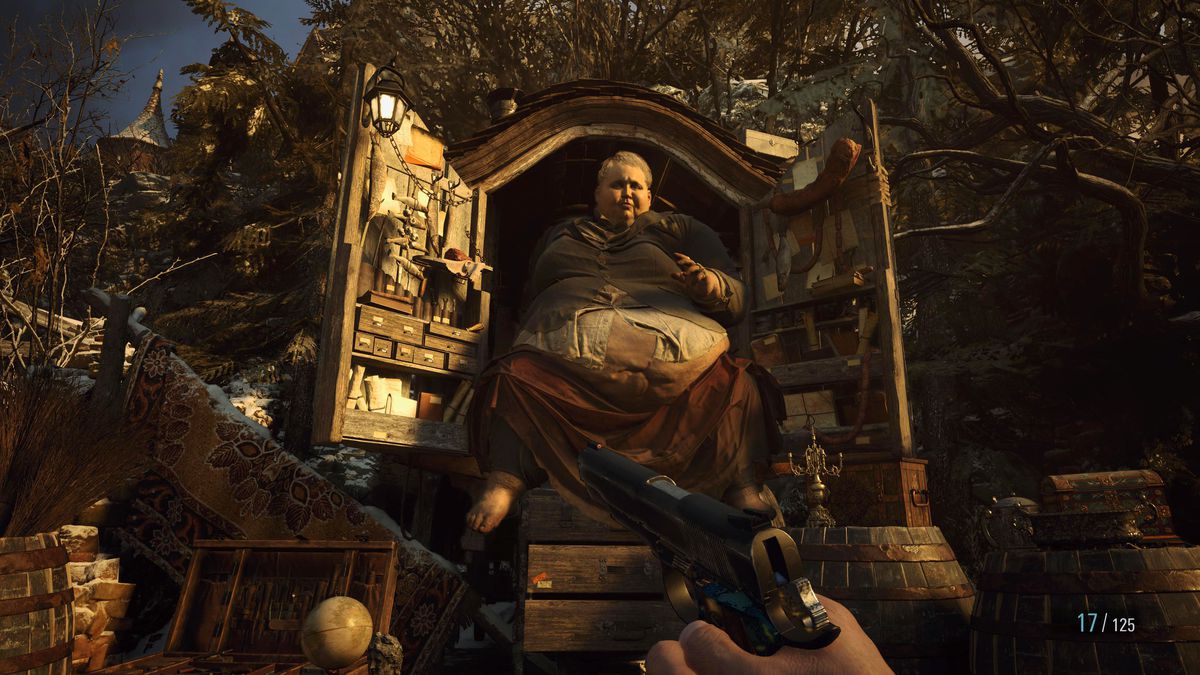 The Duke, the weapons dealer in Resident Evil Village, bursting out a door full of wares.