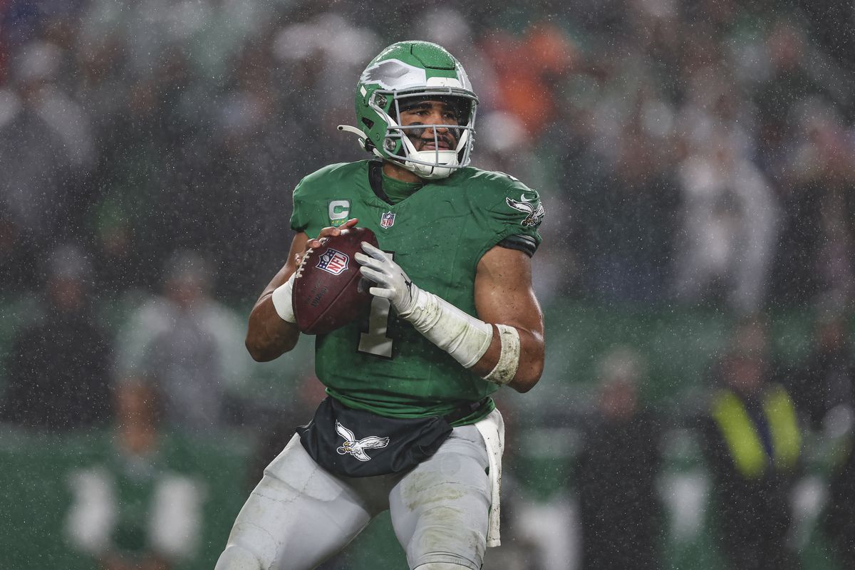 Jalen Hurts #1 of the Philadelphia Eagles drops back to pass during an NFL football game against the Buffalo Bills at Lincoln Financial Field on November 26, 2023 in Philadelphia, Pennsylvania.