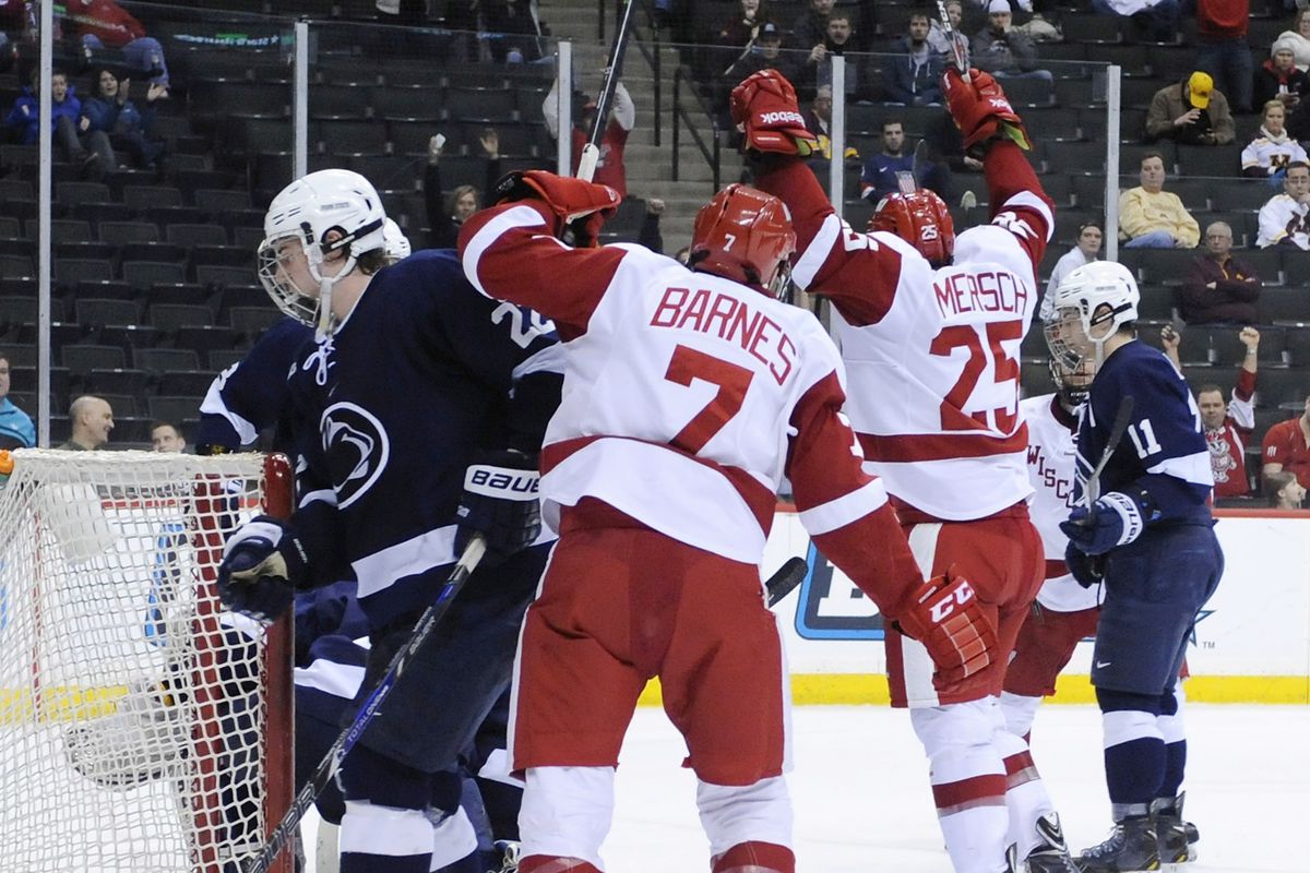 Michael Mersch notched two goals for Wisconsin in a 2-1 win over Penn State on Friday.