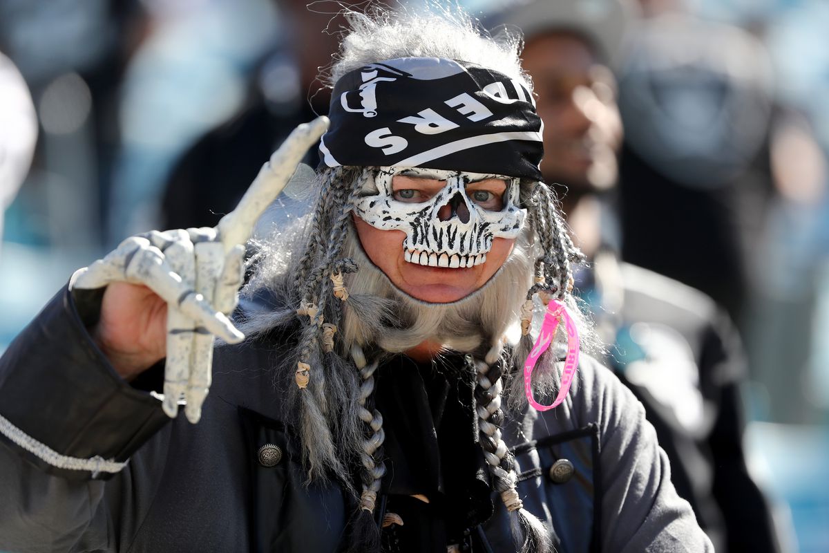An Oakland Raiders fan dressed as a pirate skeleton shows his support prior to the game against the Jacksonville Jaguars.