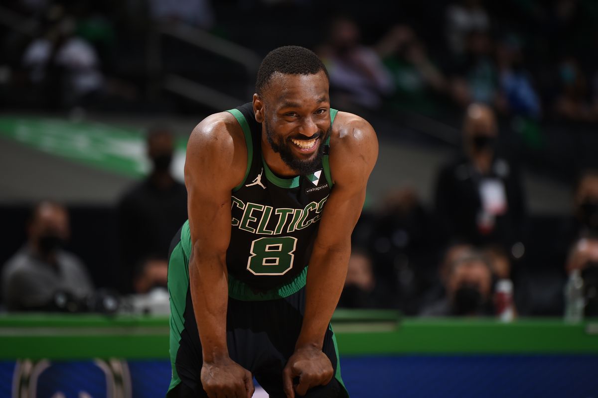 Kemba Walker of the Boston Celtics smiles during the game against the Brooklyn Nets during Round 1, Game 3 of the 2021 NBA Playoffs on May 28, 2021 at the TD Garden in Boston, Massachusetts.&nbsp;