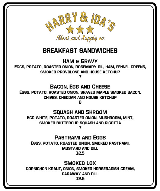 Harry & Ida's breakfast menu