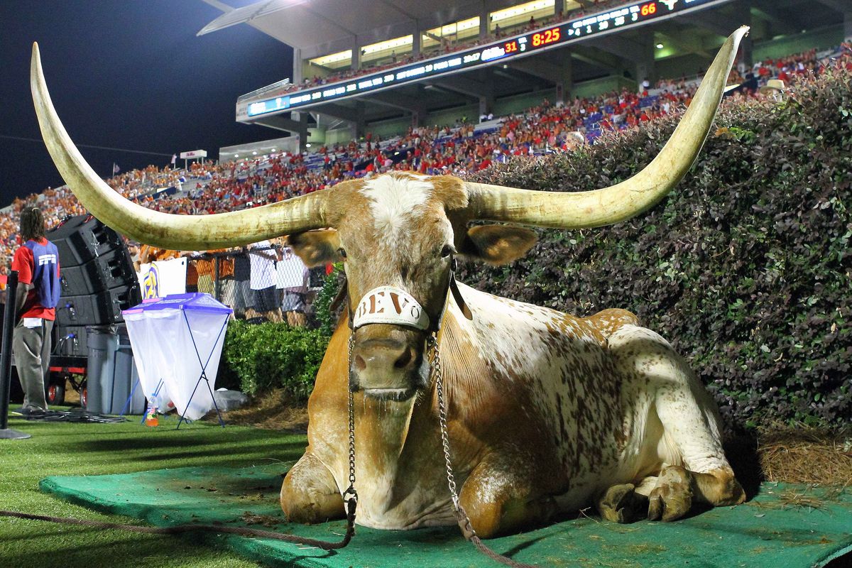 Sept 15, 2012; Oxford, MS, USA; Texas Longhorns mascot Bevo during the game against the Mississippi Rebels at Vaught Hemingway Stadium. Texas Longhorns defeated the Mississippi Rebels 66-31.  Mandatory Credit: Spruce Derden-US PRESSWIRE