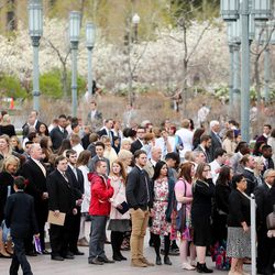 Conferencegoers wait in lines to enter the Conference Center in Salt Lake City prior to the morning session of the LDS Church’s 187th Annual General Conference on Sunday, April 2, 2017.