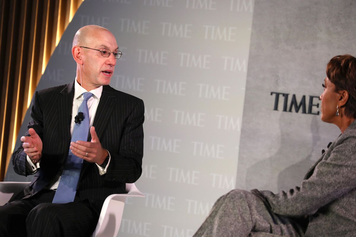 Commissioner of the NBA, Adam Silver and broadcaster Robin Roberts speak onstage during the TIME 100 Health Summit at Pier 17 on October 17, 2019 in New York City.