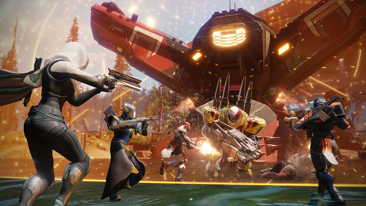 Several Destiny Guardians team up to fight a large foe in an action packed scene from Destiny 2