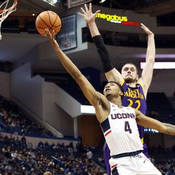 The ECU Pirates take on the UConn Huskies in a men's college basketball game at the XL Center in Hartford, CT on January 6, 2018.