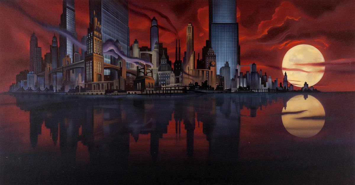 A panoramic view of the Gotham skyline, with the tall buildings reflected in the waterfront.  A red sky in the background and a large bright moon very close to the horizon line on the right.  A production illustration painted by background painter John Calmette for Batman: The Animated Series.
