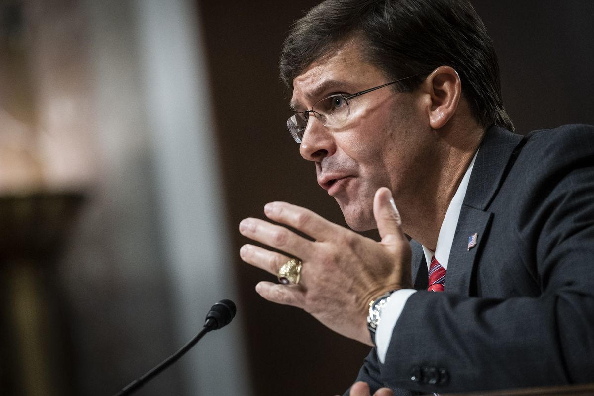 Newly confirmed Secretary of Defense Mark Esper testifies before the Senate Armed Services Committee during his nomination hearing on July 16, 2019 in Washington, DC.&nbsp;