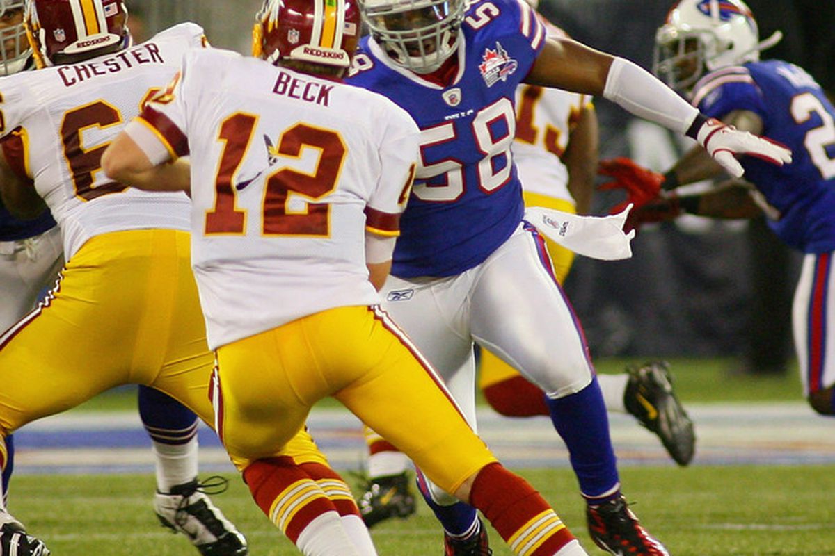 TORONTO, ON - OCTOBER 30: Kirk Morrison #58 of the Buffalo Bills rushes in to sack John Beck #12 of the Washington Redskins at Rogers Centre on October 30, 2011 in Toronto, Ontario. Buffalo won 23-0.  (Photo by Rick Stewart/Getty Images)