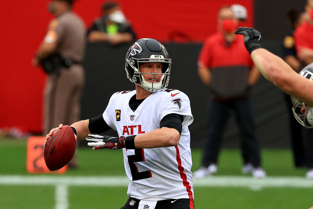 Matt Ryan #2 of the Atlanta Falcons looks to pass during a game against the Tampa Bay Buccaneers at Raymond James Stadium on January 03, 2021 in Tampa, Florida.