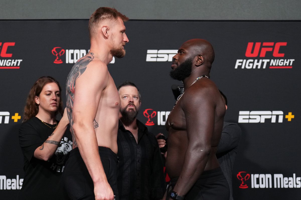 Opponents Alexander Volkov of Russia and Jairzinho Rozenstruik of Suriname face off during the UFC Fight Night weigh-in at UFC APEX on June 03, 2022 in Las Vegas, Nevada.