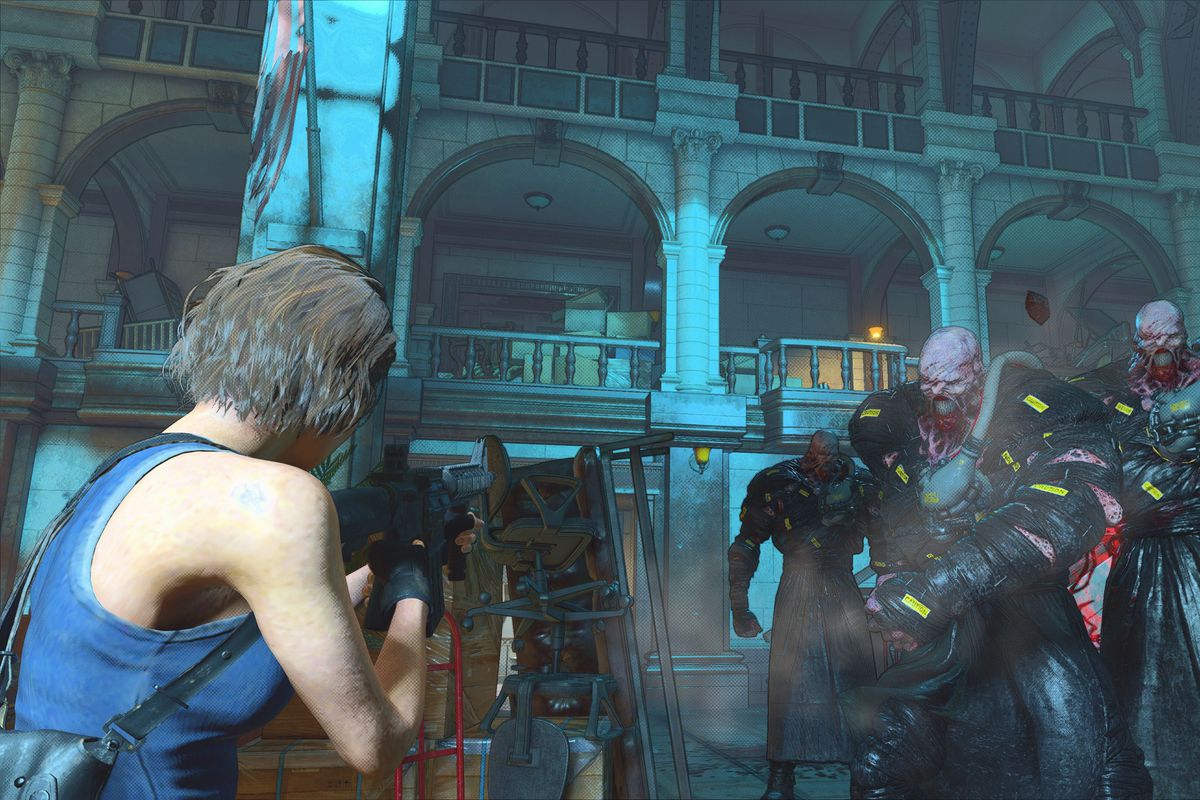 Jill Valentine faces down three Nemesis-T Types in a screenshot from Re:Verse