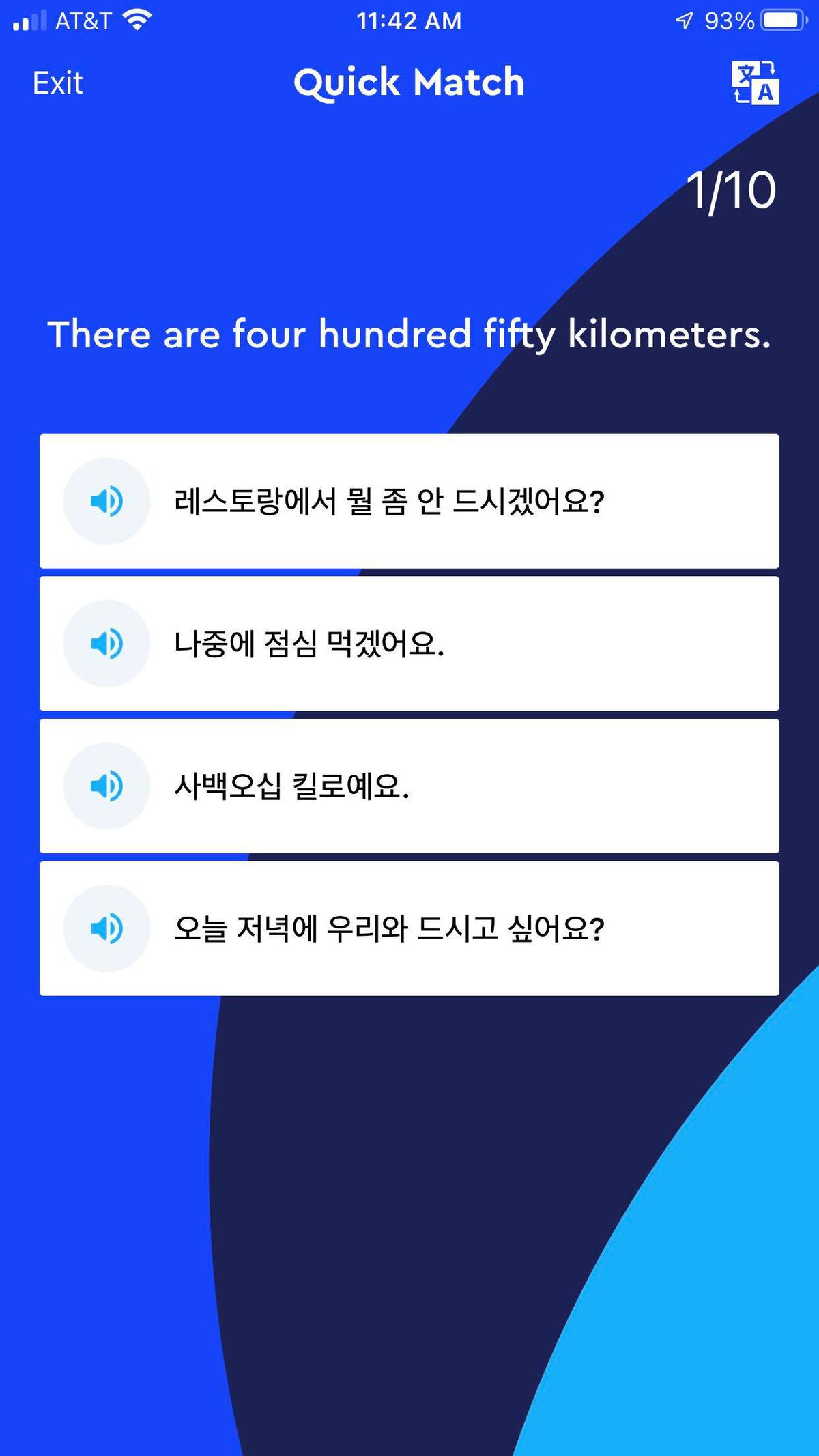 A screenshot of the Quick Match exercise in the Pimsleur app. The English phrase reads “There are four hundred fifty kilometers” with four Hangul options below.