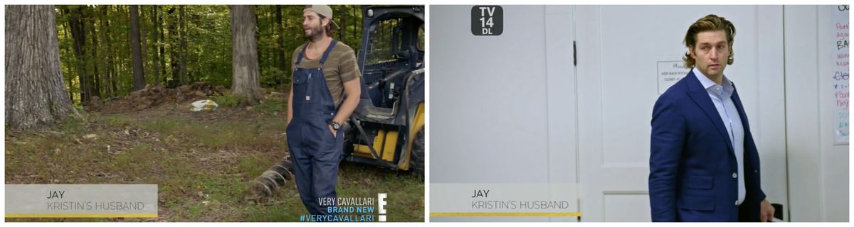 Side-by-side images of Jay wearing overalls outdoors, and Jay in a shirt and Jay in a blazer indoors