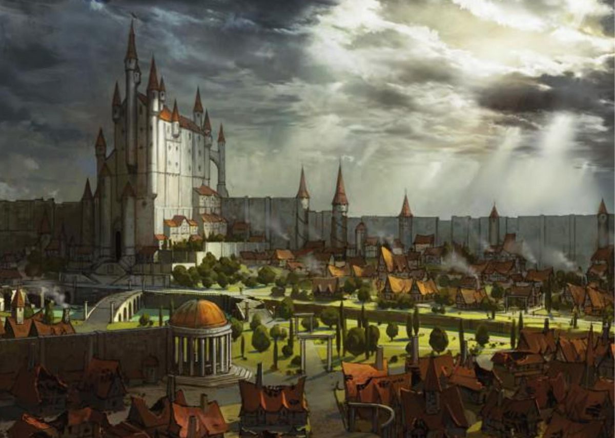An illustration of Neverwinter — a sunlit city with a high-towered castle above green spaces dotted with buildings below — from the Neverwinter Campaign Setting Sourcebook for Dungeons &amp; Dragons