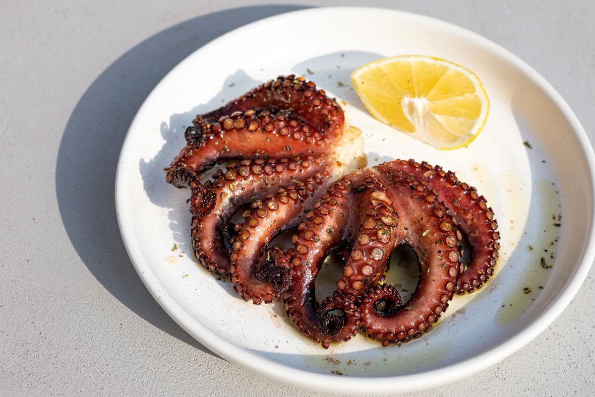 The tentacles of a grilled octopus on a plate.