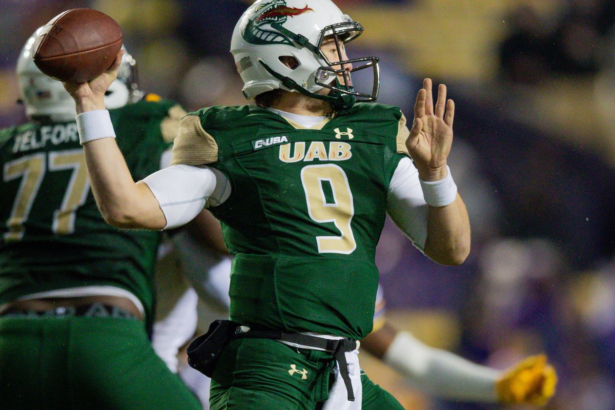 UAB Blazers quarterback Dylan Hopkins drops back to pass against the LSU Tigers during the second half at Tiger Stadium.