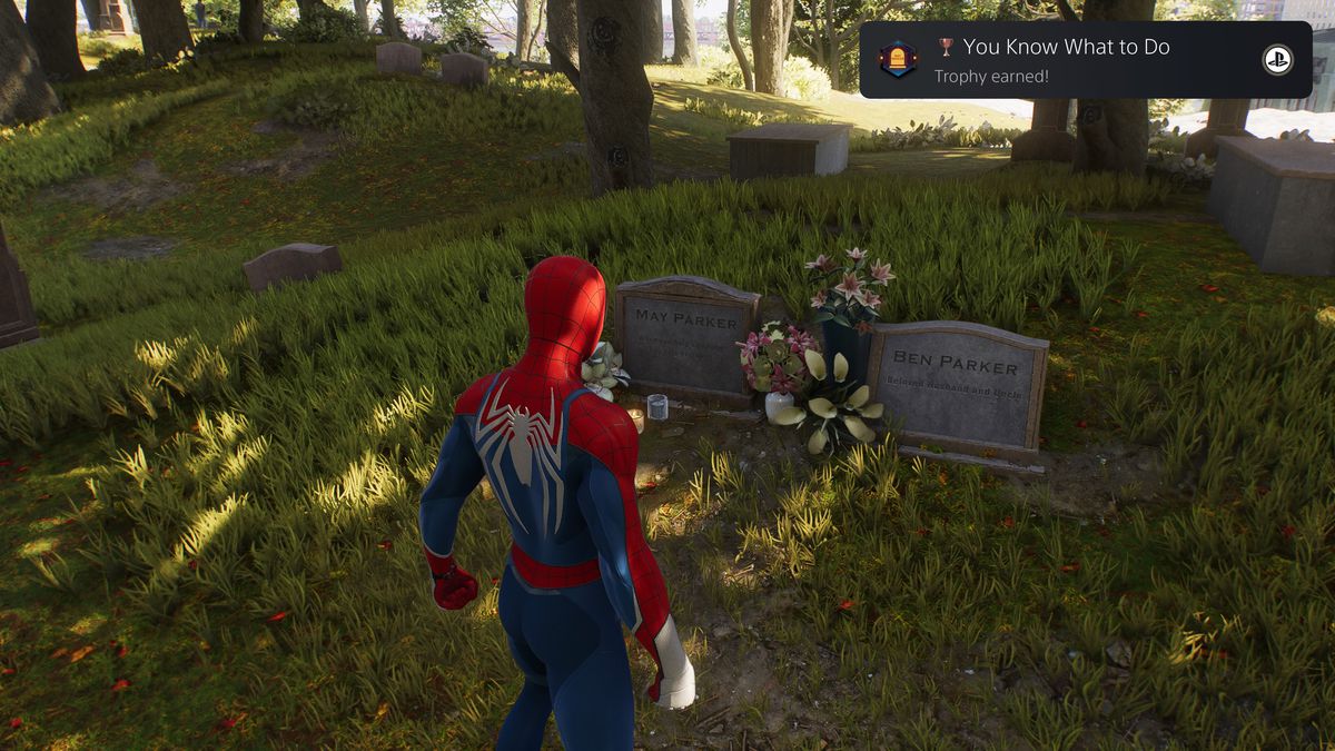 Peter visits May and Ben Parker’s graves in Spider-Man 2