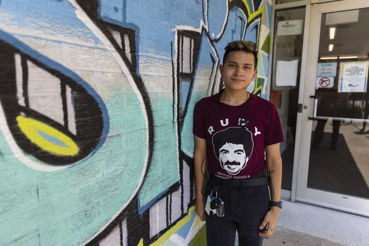 School staff member Sebastian Zamora poses for a portrait at the Instituto Justice and Leadership Academy at 2570 S. Blue Island Avenue in Heart of Italy, Monday, Aug. 30, 2021.