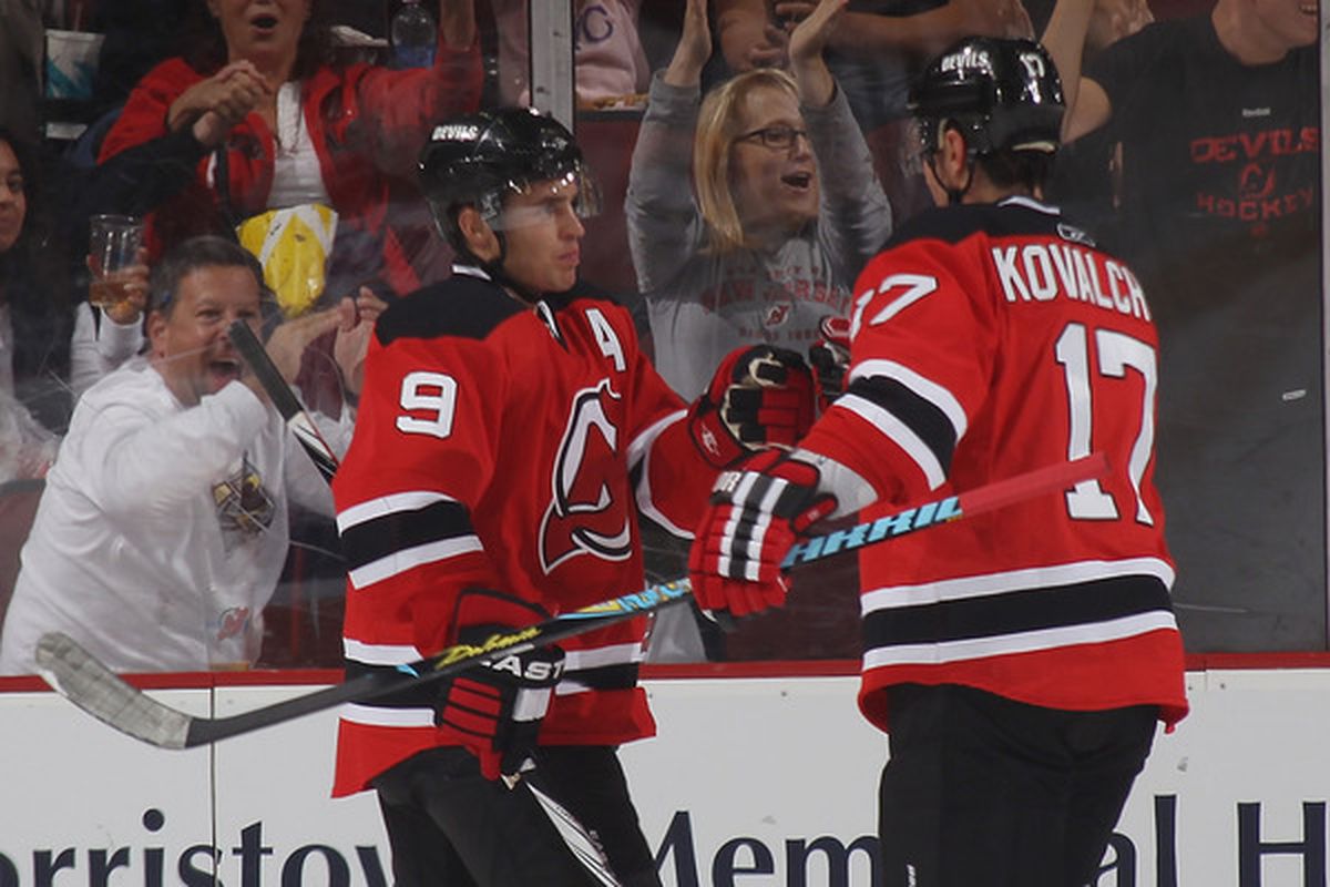 <strong>Zach Parise</strong>, left, and<strong> Ilya Kovalchuk</strong> of the New Jersey Devils are among the top 20 players in the NHL  according to TSN.  (Photo by Bruce Bennett/Getty Images)