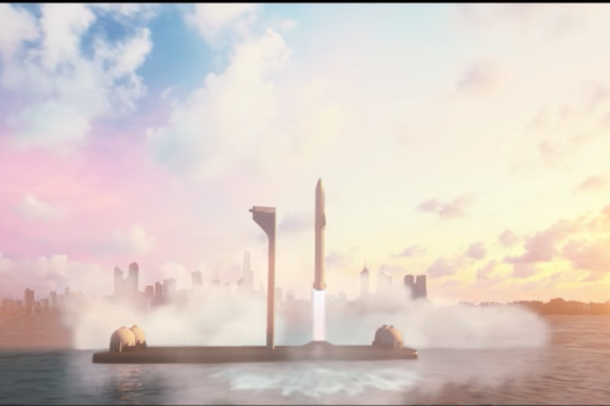 Rendering of a rocket ship launching from a launchpad off the coast of Manhattan. 