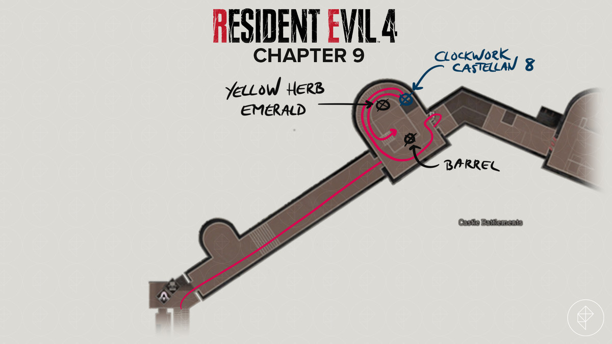 Resident Evil 4&nbsp;remake&nbsp;map of the route to the top of the first tower in the Castle Battlements