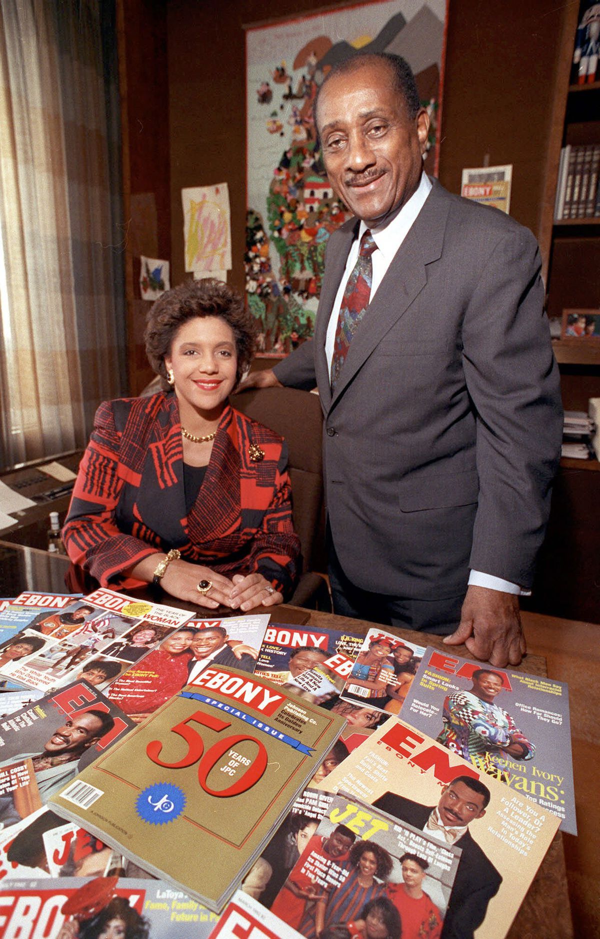 John H. Johnson, publisher of Johnson Publish Co., and his iconic magazines, including Ebony, Jet and Ebony Man, on Nov. 9, 1992, with his daughter, Linda Johnson Rice, who eventually became the company’s CEO, in the firm’s Chicago headquarters. | Mark El
