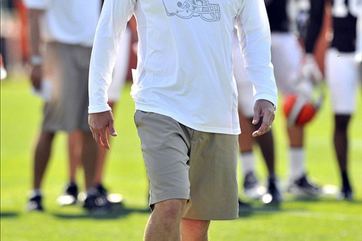 Head coach Pat Shurmur sporting a unique Browns shirt. Mandatory Credit: David Richard-US PRESSWIRE