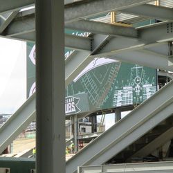 4:25 p.m. View of the left-field video board from under the right-field bleachers - 