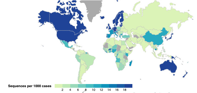 Map of SARS-CoV-2 sequencing rates around the world.