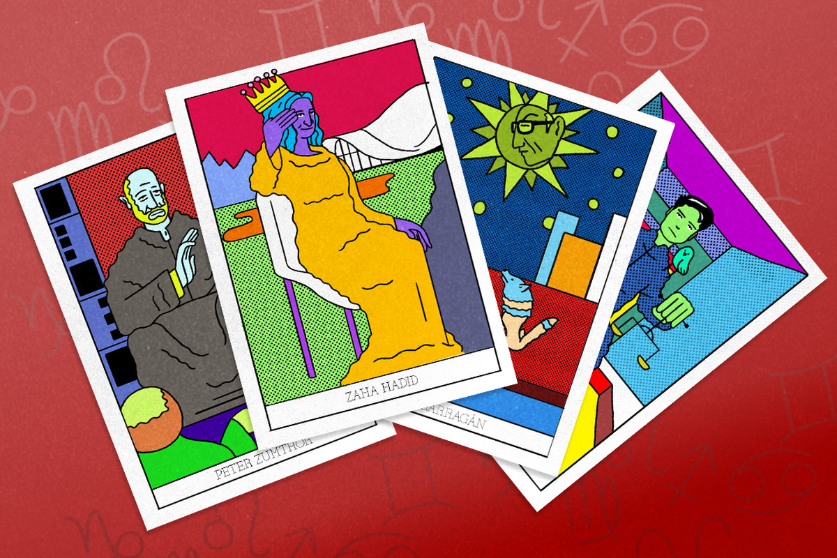 Brightly illustrated tarot cards feature people on them in purples, greens, yellows, and red. 
