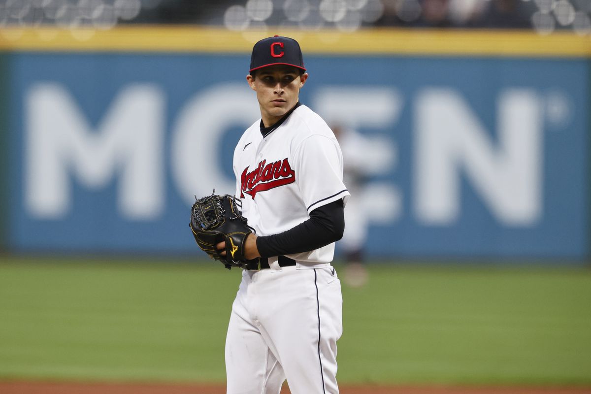 Starting pitcher Eli Morgan #49 of the Cleveland Indians pitches against the Toronto Blue Jays during the first inning at Progressive Field on May 28, 2021 in Cleveland, Ohio.