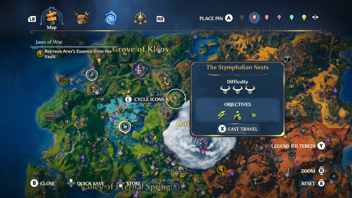 The map location of The Stymphalian Nests Vault of Tartaros in Immortals Fenyx Rising