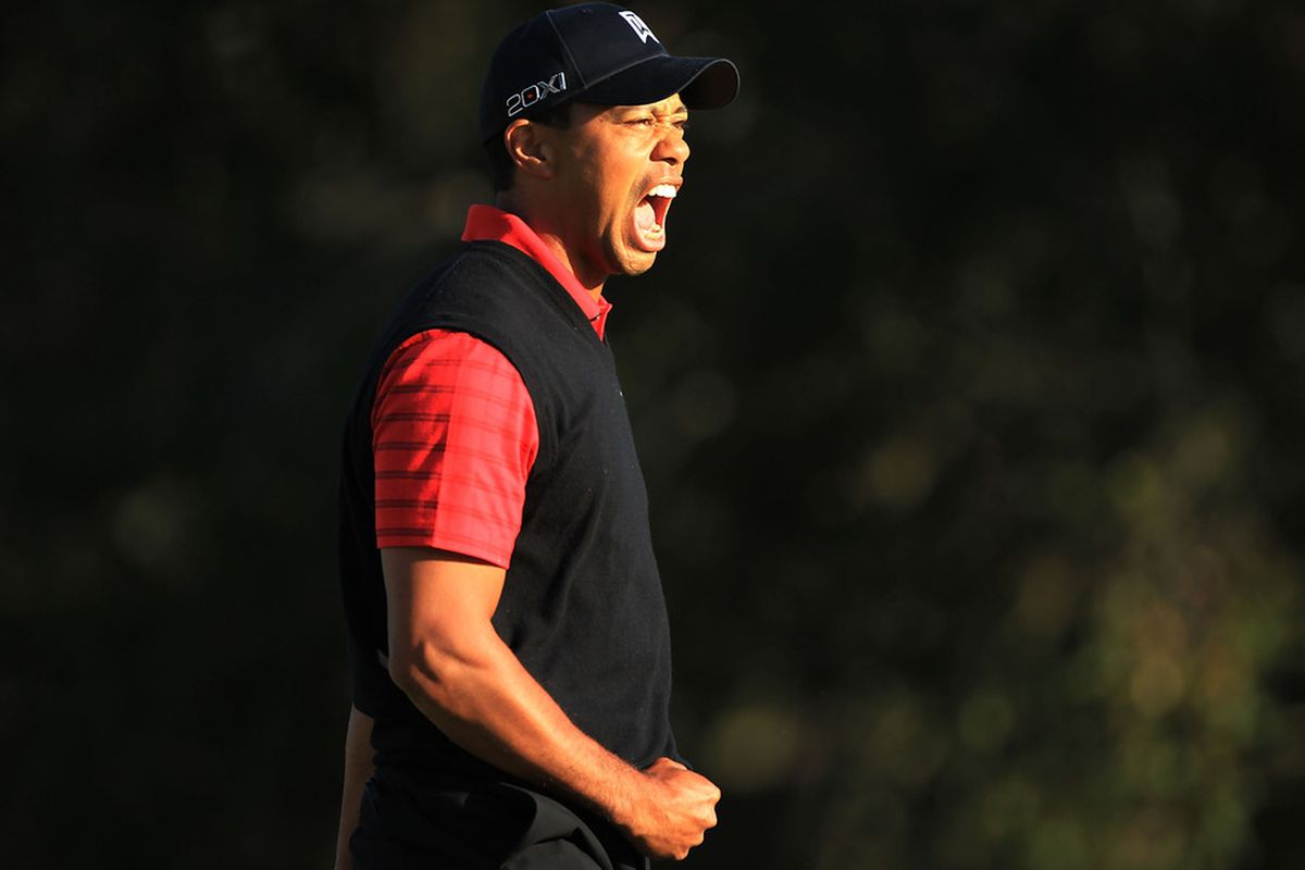 THOUSAND OAKS, CA - DECEMBER 04:  Tiger Woods celebrates his birdie putt on the 18th green to win the Chevron World Challenge at Sherwood Country Club on December 4, 2011 in Thousand Oaks, California.  (Photo by Scott Halleran/Getty Images)