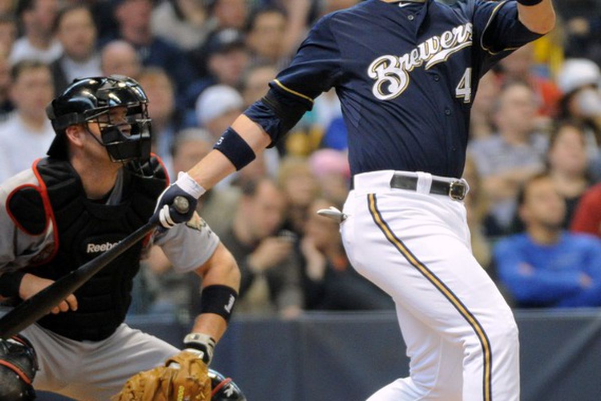 Apr 25, 2012; Milwaukee, WI, USA;  Milwaukee Brewers first baseman Travis Ishikawa (45) hits a home run on a pitch by Houston Astros pitcher J.A. Happ (not pictured) during the second inning at Miller Park.  Mandatory Credit: Benny Sieu-US PRESSWIRE