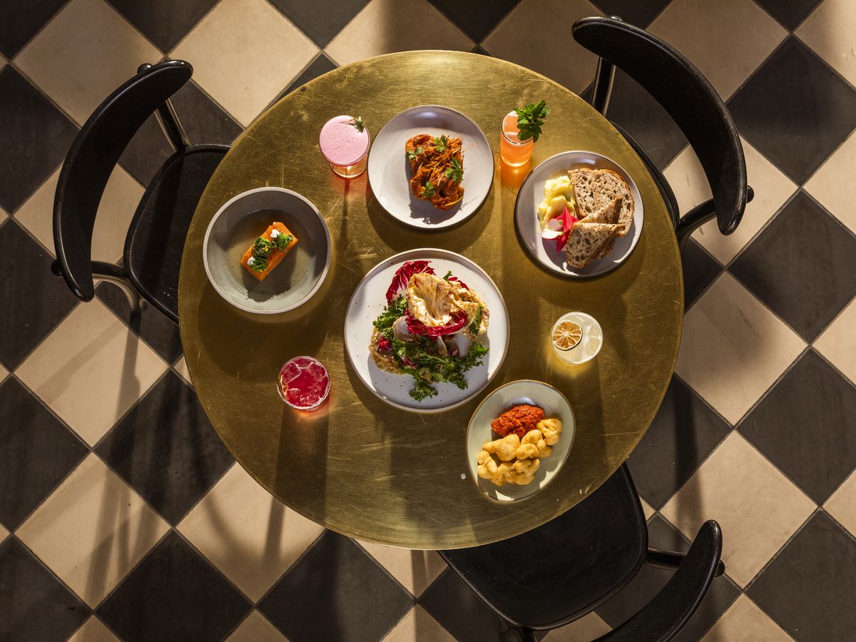 Dishes and drinks from Loam in Downtown LA’s Ace Hotel shot overhead.