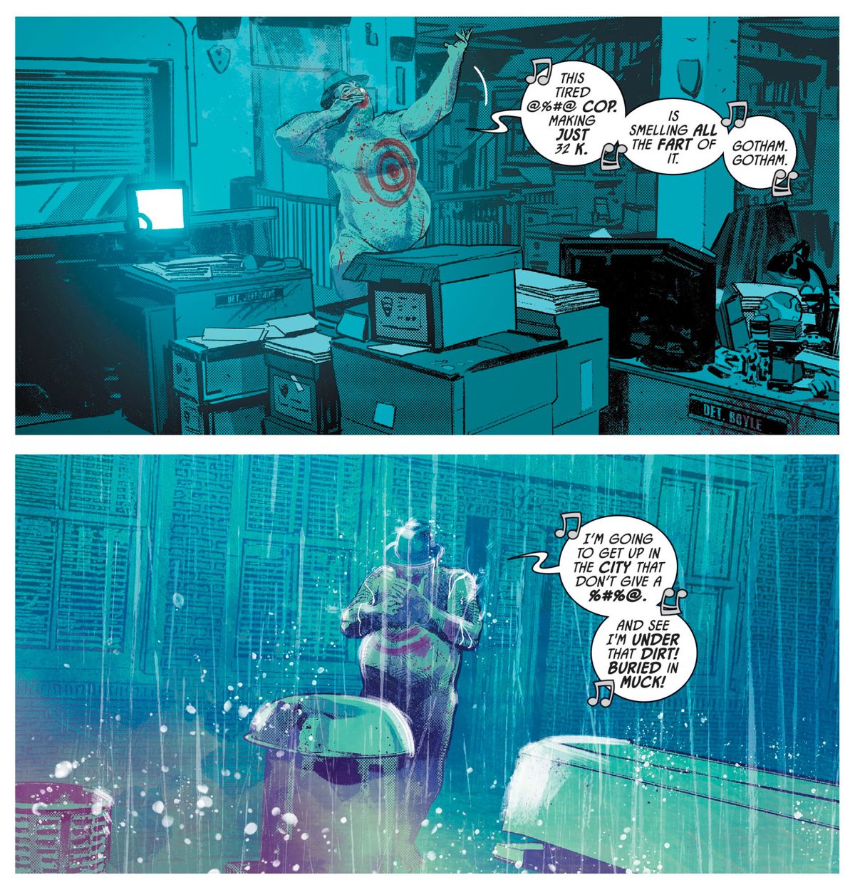 Detective Bullock traipses naked except for his hat out of Gotham City Police headquarters and into the rain, smoking a cigar and singing a version of “New York, New York,” about how terrible Gotham is, in Batman #81, DC Comics (2019). 