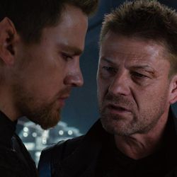 CHANNING TATUM as Caine Wise and SEAN BEAN as Stinger Apini in Warner Bros. Pictures' and Village Roadshow Pictures' "JUPITER ASCENDING," an original science fiction epic adventure from Lana and Andy Wachowski. A Warner Bros. Pictures release.