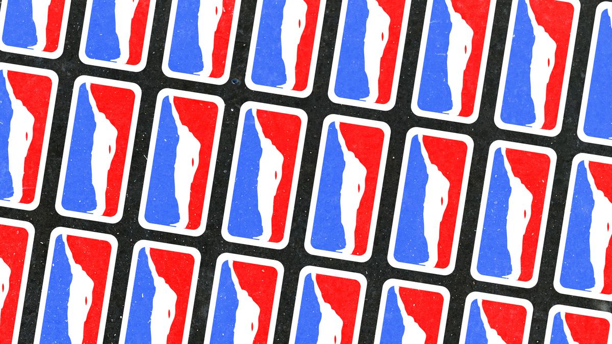 A tiled illustration of an NBA logo replaced with the silhouette of a man holding up a clenched fist