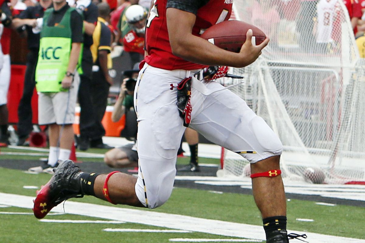 September 1, 2012; College Park, MD, USA;  Maryland Terrapins running back Justus Pickett (44) runs for a second half touchdown against the William & Mary Tribe at Byrd Stadium. Mandatory Credit: Mitch Stringer-US PRESSWIRE