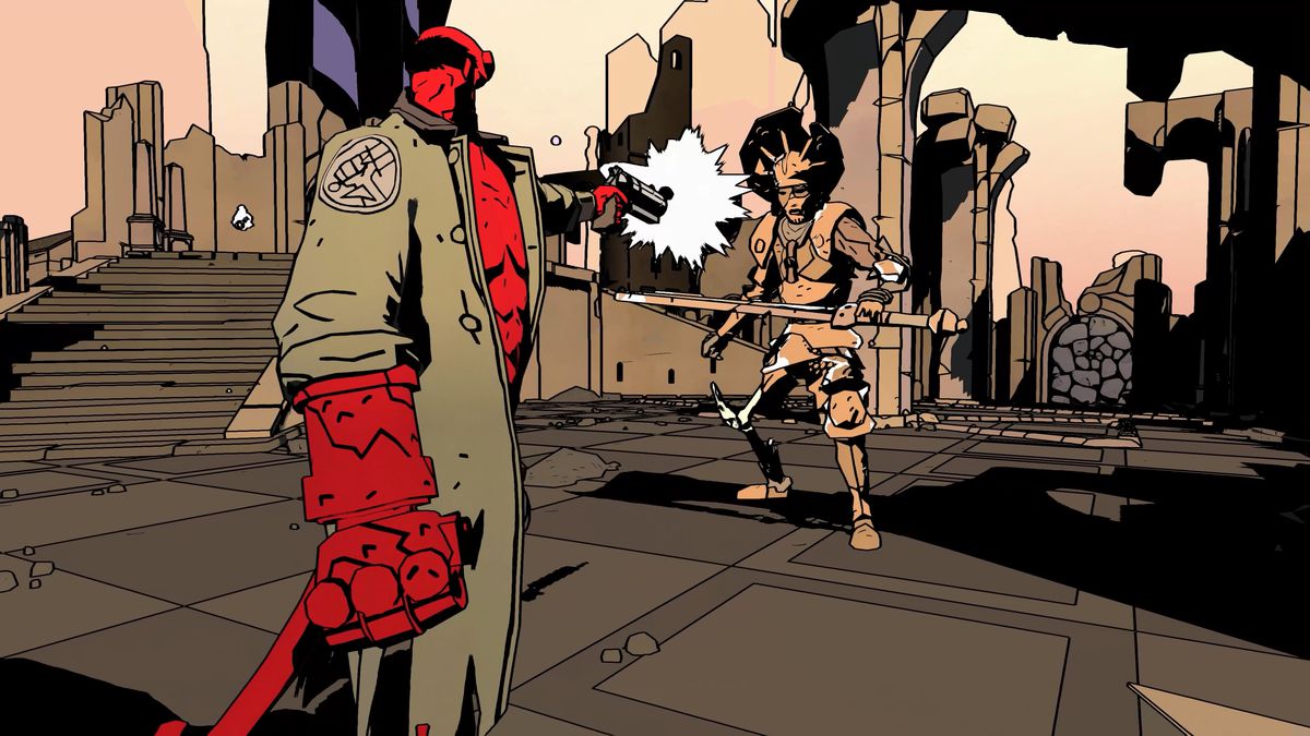 Hellboy points his gun The Good Samaritan&nbsp;at a mechanical foe in the cel-shaded game Web of Wyrd