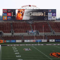 The video scoreboard at Reser Stadium introduces new Oregon State football coach Gary Andersen at the Oregon State University in Corvallis, Ore. on Friday, Dec. 12, 2014. Andersen was introduced at a news conference in Corvallis, Oregon. Andersen comes to the Beavers after two seasons as head coach at Wisconsin. 