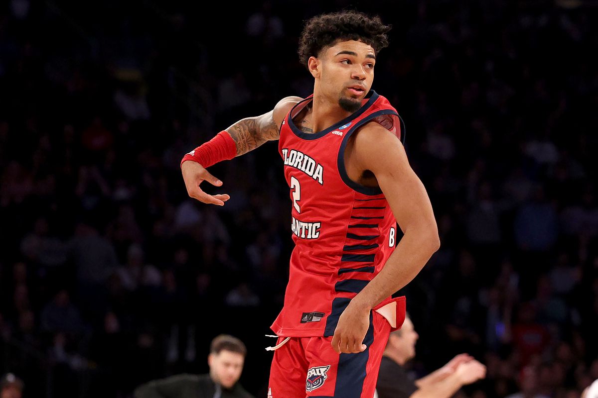 Nicholas Boyd #2 of the Florida Atlantic Owls celebrates as a time out is called in the second half against the Kansas State Wildcats in the Elite Eight round game of the NCAA Men’s Basketball Tournament at Madison Square Garden on March 25, 2023 in New York City.