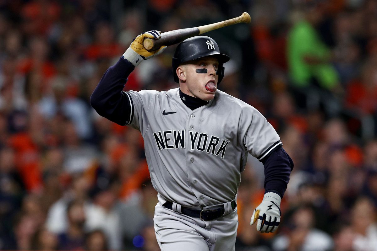 Harrison Bader #22 of the New York Yankees reacts after flying out during the seventh inning against the Houston Astros in game one of the American League Championship Series at Minute Maid Park on October 19, 2022 in Houston, Texas.